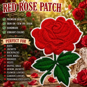 Red Rose Patch (Small) Iron On Embroidered Patches, Long Stem Rose, Valentines Day Gift, Red Rose Applique Patch, Leaves, Stem, Flower Badge