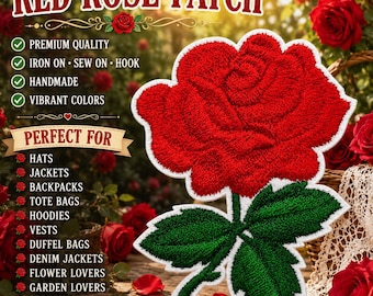 Red Rose Patch (Small) Iron On Embroidered Patches, Long Stem Rose, Valentines Day Gift, Red Rose Applique Patch, Leaves, Stem, Flower Badge
