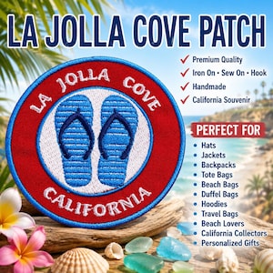 La Jolla Cove Patch/California Souvenir/Flip flops Beach Gift/Iron-On Patch/Embroidered Sew-On Applique for Tote Bags, Clothing Jackets