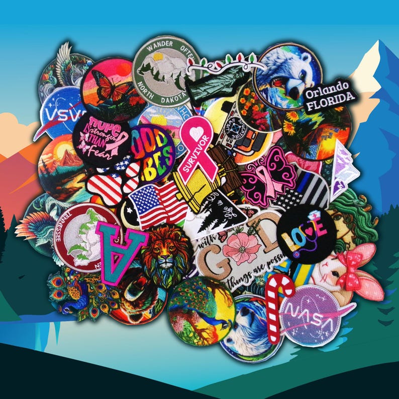 May include: A collection of colorful embroidered patches with various designs, including animals, flowers, butterflies, and text. The patches are arranged in a circular pattern and feature a variety of colors, including red, blue, green, yellow, and pink.