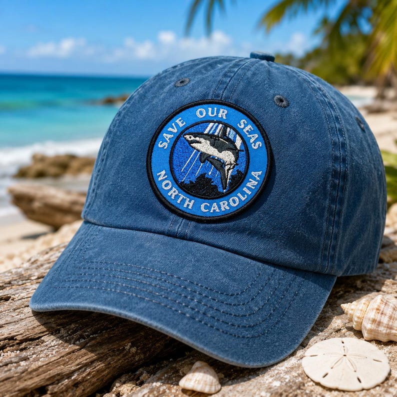 May include: A blue baseball cap with a circular patch that reads "Save Our Seas North Carolina." The patch features a shark graphic. The hat is sitting on a piece of driftwood on a sandy beach with the ocean in the background.