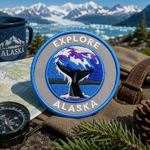 Explore Alaska Patch/Iron-on Patch/Whale Patch/Naturel Badge/Embroidered Sew-On Applique For Vest/Jacket, Clothing, Backpacks/Wildlife Patch