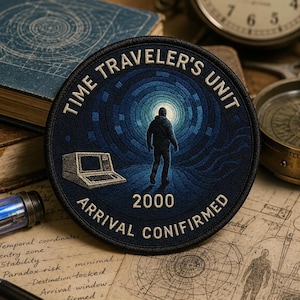 Op de afbeelding: Een ronde geborduurde patch met een donkerblauwe achtergrond en het silhouet van een persoon die naar een heldere lichttunnel loopt. De tekst luidt TIME TRAVELER'S UNIT en ARRIVAL CONIFIRMED 2000, met een afbeelding van een oude computer.