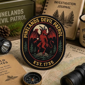 May include: A circular embroidered patch featuring a red winged creature standing on a rock against a full moon. The black border contains the yellow text PINELANDS DEVIL PATROL and EST. 1735, with green pine trees and water depicted below.