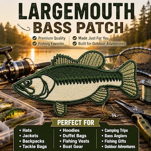 Large Mouth Bass Fish Patch/Iron-on Patch/Dad Fishing Gift/Nature & Wildlife Badge/Embroidered Sew-On Applique for Clothing Vest/Jacket Gear