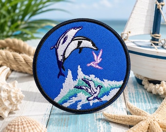 Dolphin Patch/Iron-on Patch/Ocean Patch/Animal Badge/Embroidered Applique for Clothing, Jackets/Decorative Patch/Sea Life Patch/Coconut Girl