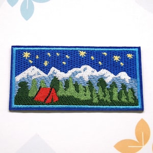 Camping in the Forest Patch Embroidered DIY Iron-On Applique Vest Clothing Hiking Trail Adventure Parks Nature Animals Mountains Trees Stars