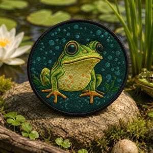 Op de afbeelding: Een ronde geborduurde patch met een gedetailleerde illustratie van een groene kikker met gele stippen, tegen een donkerblauwe achtergrond met bellen. De patch is geplaatst op een steen, met een echte kikker en waterlelies op de achtergrond.