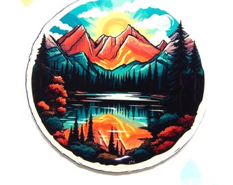 Colorful Mountain Lake Forest River Sticker, Vinyl Stickers Decals, Nature Sticker, Seek Adventure Decal - Car Truck Window Bumper Graphics