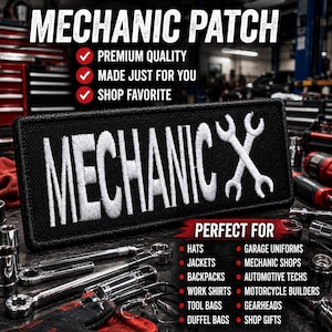 Mechanic Patch/Iron-On Patch/Garage Work Shirt/Tool Box/Biker/Wrench Logo/Embroidered Sew-On Applique for Clothing Vest/Jacket Uniforms Bags