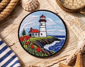 Lighthouse Patch/Iron-on Patch/Nautical Badge/Ocean Wave/Travel Souvenir Gift/Sew-On Applique for Clothing Vest/Jacket Hat Tote Bag Backpack