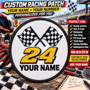 May include: A circular embroidered patch featuring a white background with a black border. The design includes two crossed black and white checkered racing flags above the large yellow number 24 and the black text YOUR NAME.