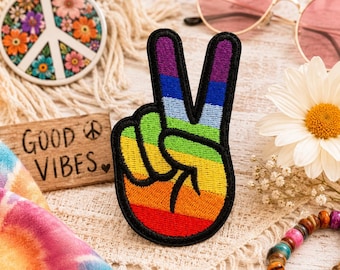 Pride Rainbow Peace Sign Patch – Retro Iron-On Badge for Jackets & Bags, 70s Style Hippie Badge Sew-On Applique for Vests, Totes, Backpack