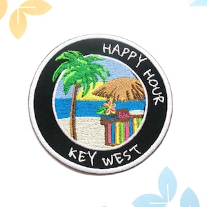 Key West Beach Patch Embroidered Iron-On Applique for Tote Bags & Clothing, Tropical Vibes Patch, Tiki Bar Patch, Happy Hour Patch