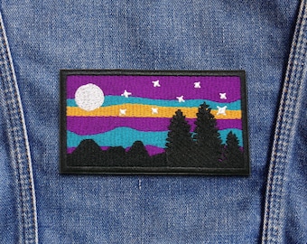 Purple Starry Night Patch Embroidered Iron-On Applique for Jacket & Clothing, Backpack, Mountain Patch, Nature Gift, Hiking Trail, Moon Park