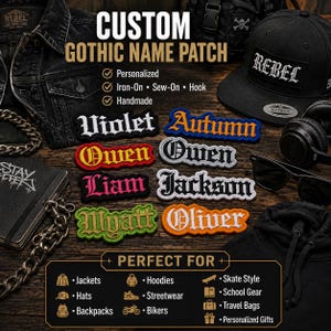 Personalized Old English Name Patch, Custom Embroidered Text Patch, Sew/Iron on / Hook & Loop Patch for Backpacks Hats, Custom Name Patch