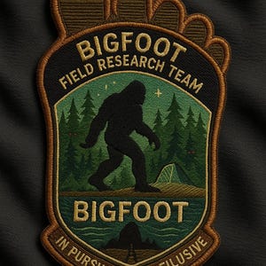 May include: Embroidered patch featuring a Bigfoot design. The patch is shaped like a footprint and includes the text "BIGFOOT FIELD RESEARCH TEAM" and "IN PURSUIT OF THE ELUSIVE". The design features a silhouette of Bigfoot in a forest scene.