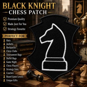Black Knight Patch/Chess Piece Patch/Iron-On Patch/Chess Board/Strategy Game Gift/Embroidered Sew-On Applique for Jacket, Clothing, Backpack