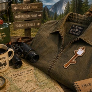 May include: An outdoor adventure scene featuring a green jacket with a marshmallow patch, a coffee mug with "Adventure Awaits", binoculars, a compass, and a map of Yellowstone National Park. A wooden sign points to Glacier Point, Inspiration Point, and Yosemite Falls.