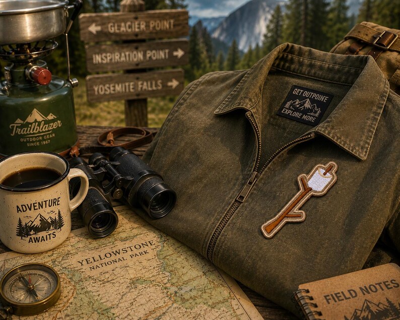 May include: An outdoor adventure scene featuring a green jacket with a marshmallow patch, a coffee mug with "Adventure Awaits", binoculars, a compass, and a map of Yellowstone National Park. A wooden sign points to Glacier Point, Inspiration Point, and Yosemite Falls.