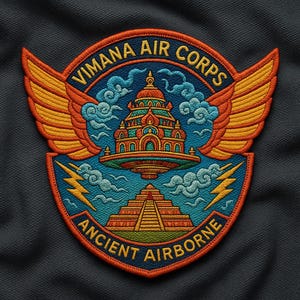 May include: Embroidered patch with the text "Vimana Air Corps Ancient Airborne." The patch features a colourful design of a temple, clouds, lightning bolts, and wings in shades of orange, blue, and green.