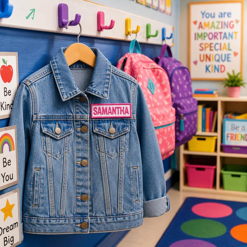 K&ouml;nnte beinhalten: Eine hellblaue Jeansjacke auf einem Holzkleiderb&uuml;gel mit einem rechteckigen rosa Aufn&auml;her auf der Brust, auf dem der Name SAMANTHA in wei&szlig;en Gro&szlig;buchstaben steht. Die Jacke hat einen klassischen Kragen, Metallkn&ouml;pfe und zwei Brusttaschen.