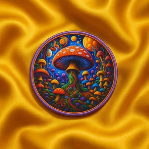 Könnte beinhalten: Ein runder, farbenfroher Aufnäher mit einem psychedelischen Pilzdesign. Der Aufnäher hat einen lila Rand und zeigt einen großen orangefarbenen Pilz mit weißen Punkten, umgeben von kleineren Pilzen in verschiedenen Farben auf blauem Hintergrund. Der Aufnäher liegt auf einem gelben Satinstoff.