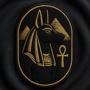 May include: Black oval patch featuring a gold embroidered image of Anubis, the Egyptian god of the afterlife, with pyramids in the background and an ankh symbol. The patch is on a black fabric.