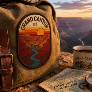 Puede incluir: Una mochila de lona con correa y hebilla de cuero, con un parche del Gran Cañón. Una taza con texto "Grand Canyon", un mapa y una brújula están cerca, sobre un fondo de cañón escénico al atardecer.
