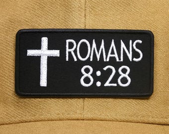 Bible Verse Patch/Romans 8:28 w/Cross Patch/Iron-On Patch/Embroidered Applique for Clothing, Jacket, Religious Gift, Christian Biker Vest