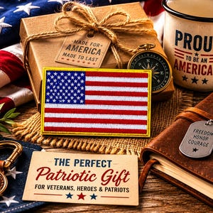 May include: A rectangular embroidered patch featuring the United States flag with a yellow border. The scene includes a brown gift box with a tag reading MADE FOR AMERICA, a mug with PROUD TO BE AN AMERICAN, and a card stating THE PERFECT PATRIOTIC GIFT.