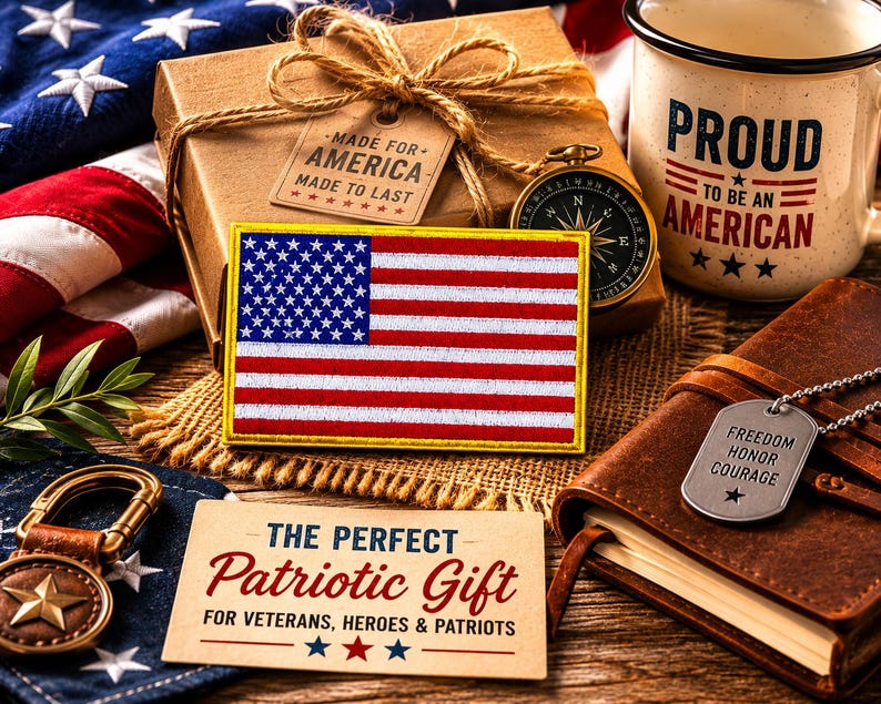 May include: A rectangular embroidered patch featuring the United States flag with a yellow border. The scene includes a brown gift box with a tag reading MADE FOR AMERICA, a mug with PROUD TO BE AN AMERICAN, and a card stating THE PERFECT PATRIOTIC GIFT.