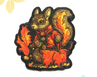 Squirrel Patch Iron-on Applique for Backpack & Clothing, Jacket, Hat, Wild Animal Badge, Acorn, Fall Leaf, Wild Animal Badge, Critter Patch