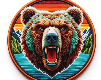 Grizzly Bear Patch - Animal Badge Iron-on/Sew-on Applique for Backpack Clothing Vest Denim Bag Jacket Hat, Mountains Forest, Nature Scene