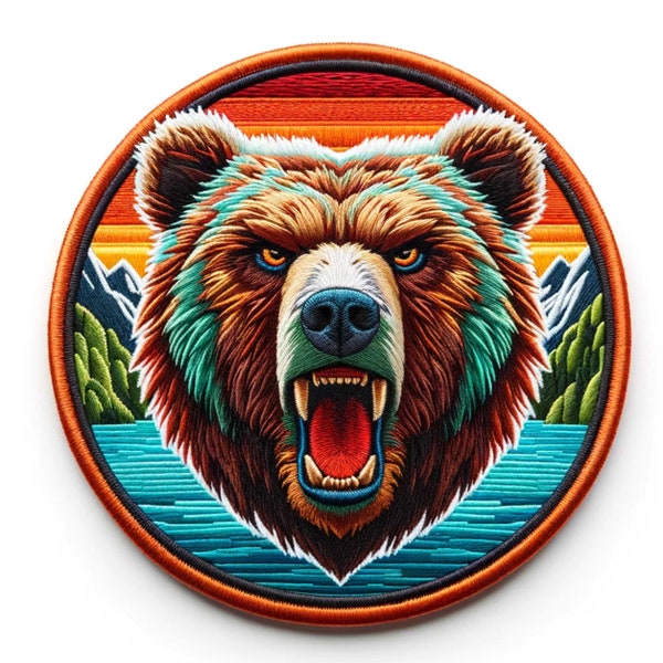 Grizzly Bear Patch - Animal Badge Iron-on/Sew-on Applique for Backpack Clothing Vest Denim Bag Jacket Hat, Mountains Forest, Nature Scene
