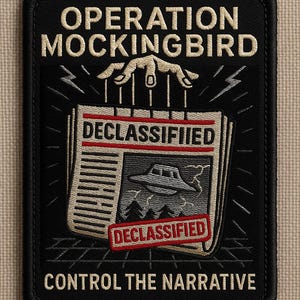 May include: Black embroidered patch with the text "OPERATION MOCKINGBIRD" and "CONTROL THE NARRATIVE". The patch features a newspaper with the word "DECLASSIFIED" and a UFO illustration.