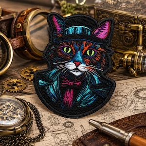 Peut inclure: Écusson brodé représentant un chat portant un chapeau haut de forme et un costume, aux couleurs vives. Le chat a des yeux verts, un nœud papillon rose et un manteau bleu et sarcelle. Le patch noir a un design détaillé, idéal pour le steampunk ou les amoureux des chats.