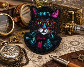 Puede incluir: Parche bordado con un gato con sombrero de copa y traje, con colores vibrantes. El gato tiene ojos verdes, pajarita rosa y abrigo azul y turquesa. El parche negro tiene un diseño detallado, ideal para steampunk o amantes de los gatos.