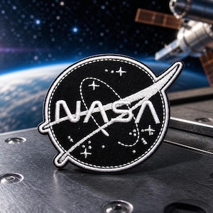 NASA Logo Patch Embroidered Iron-On Applique Space Patch for Jackets & Backpacks, Science Badge, Astronaut Patch, Black/White Logo
