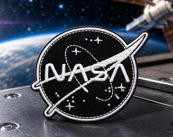 NASA Logo Patch Gesticktes Bügelbild Space Patch für Jacken & Rucksäcke, Wissenschaftsabzeichen, Astronaut Patch, Schwarz/Weiss Logo