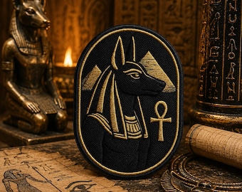 Anubis Jackal-headed figure Patch/Ankh Symbol/Iron-On Patch/Ancient Egyptian Mythology/Sew-On Applique for Clothing Vest/Jacket Hat Backpack