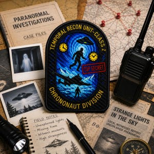 Op de afbeelding: Een zwarte geborduurde patch met een blauwe wervelende achtergrond. Het toont een silhouet van een persoon, een vliegende schotel, twee klokken en een vliegtuig. De tekst luidt TEMPORAL RECON UNIT-CLASS Z, TOP SECRET en CHRONONAUT DIVISION in geel.
