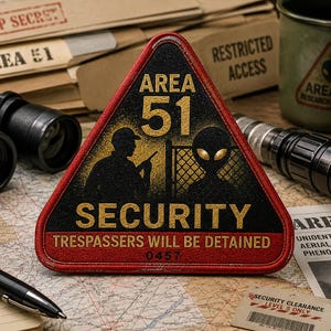 May include: A triangular embroidered patch featuring a black and gold design with the text AREA 51 SECURITY and TRESPASSERS WILL BE DETAINED. The graphic depicts a silhouette of a guard and an alien head behind a chain-link fence with red borders.