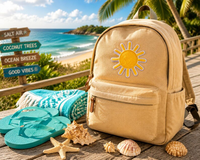 Puede incluir: Una mochila de lona beige con un parche de sol amarillo en el bolsillo delantero. Junto a la mochila hay chanclas turquesas, una toalla turquesa y blanca doblada con estampado, una estrella de mar y tres conchas sobre madera.