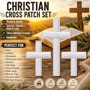 Könnte beinhalten: Ein Set aus drei weißen, bestickten Kreuz-Aufnähern mit einem sauberen, gestickten Rand. Die Aufnäher sind zum Aufbügeln, Aufnähen oder mit Klettverschluss versehen. Der Text auf dem Bild lautet Christian Cross Patch Set und Handmade.