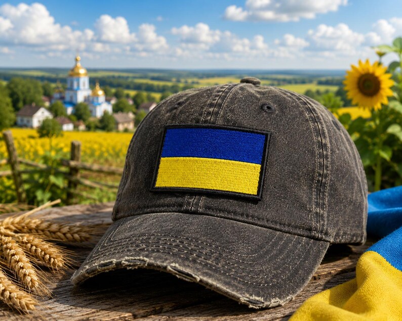 May include: A distressed black baseball cap with a rectangular patch featuring the Ukrainian flag: blue over yellow. The cap sits on a wooden surface with wheat stalks and a sunflower in the background. A scenic view of a field and church is visible.