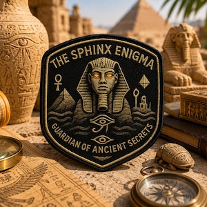 May include: Black and gold embroidered patch featuring the Sphinx with glowing eyes, pyramids, and hieroglyphs. The text reads "THE SPHINX ENIGMA GUARDIAN OF ANCIENT SECRETS." The patch is set against a backdrop of ancient Egyptian artifacts.