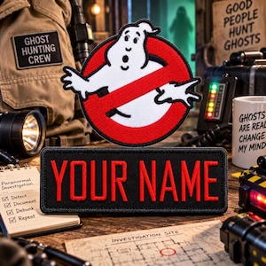 Set of Custom Ghostbusters NAME Tag & No Ghost Logo Iron on PATCH Halloween Costume Embroidered Applique Ghost Buster Uniform
