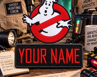 Set of Custom Ghostbusters NAME Tag & No Ghost Logo Iron on PATCH Halloween Costume Embroidered Applique Ghost Buster Uniform