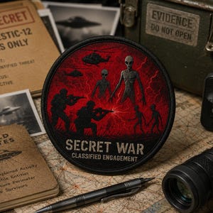 Op de afbeelding: Een ronde geborduurde patch met een rode achtergrond en zwarte silhouetten van soldaten die met geweren op buitenaardse figuren richten, inclusief helikopters en bliksem. De tekst luidt SECRET WAR CLASSIFIED ENGAGEMENT in witte letters.